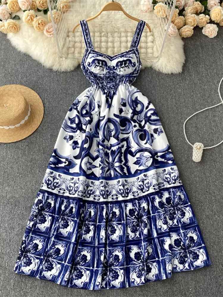 

Runway Summer Holiday Maxi Dress Women's Spaghetti Strap V Neck Backless Blue And White Porcelain Print Vacation Long Vestido
