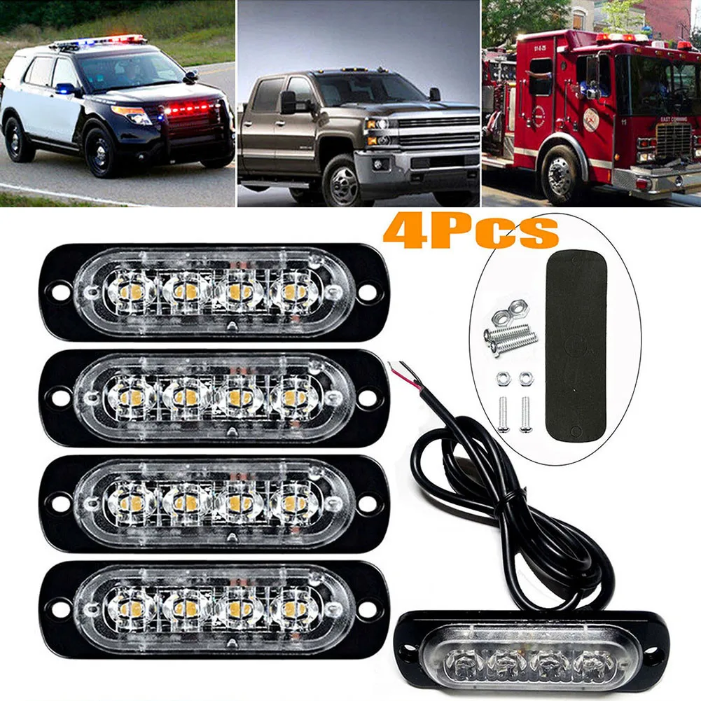 4Pcs Led Strobe Side Warning Light Strobe Grille Flashing Lightbar Truck Car Beacon Lamp Amber Traffic Light 12V 24V Car Light