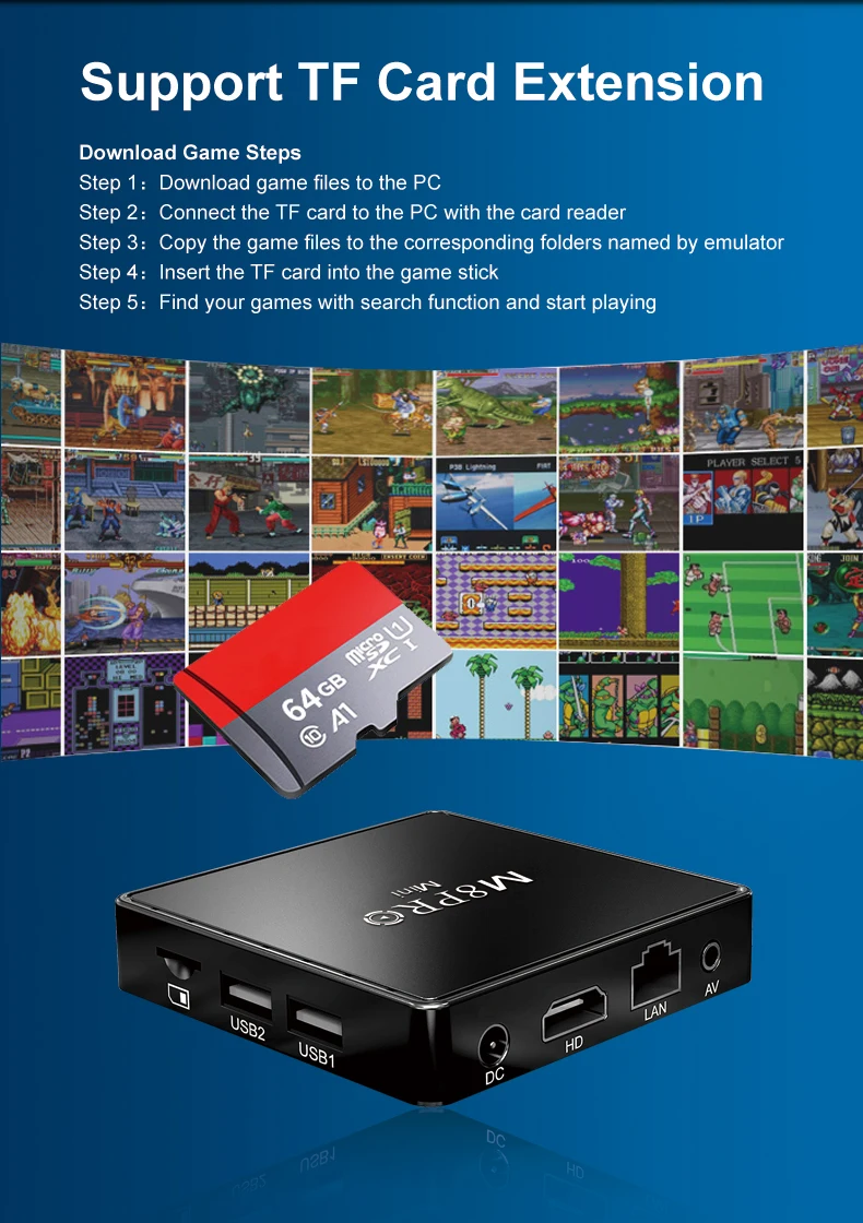 M8-Pro Mini 4K 64G 10000 Retro Video Game Console 2.4G Wilress Controllers Android 12 TV Box Wifi MaliG31 CPU Dual System