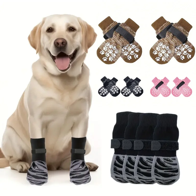 Dog Socks Anti-Slip Dog Socks 4pcs Paw Protector Traction Control Adjustable Indoor Wear Knitted Pet Socks Machine Washable