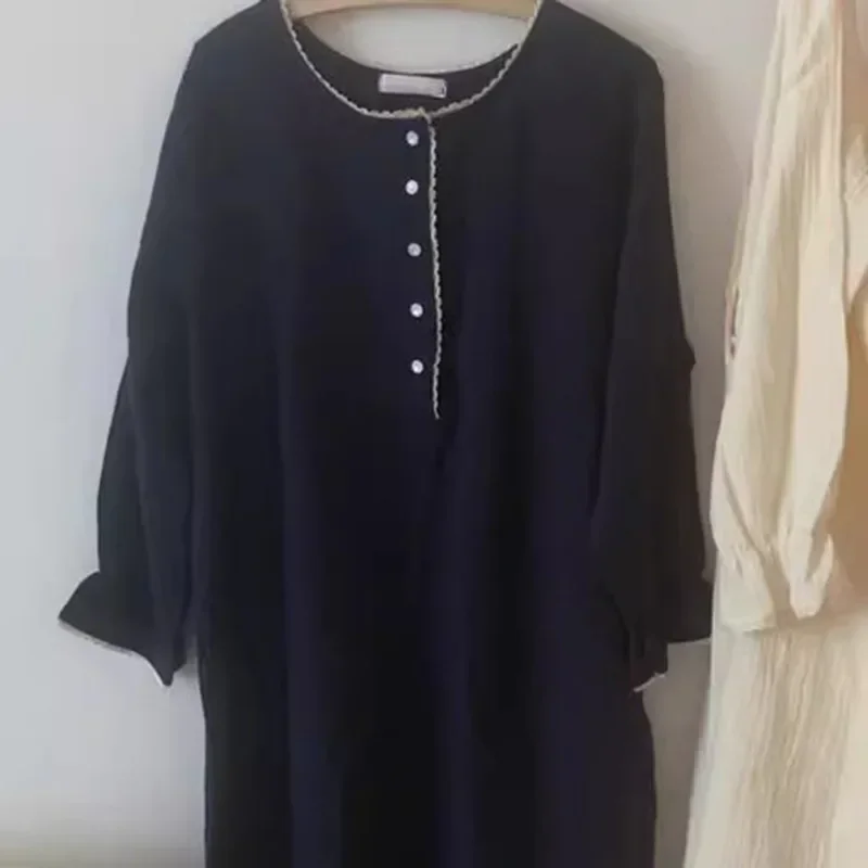 용수철 여성용 롱 루즈핏 잠옷 원피스, 심플한 블랙 퓨어 잠옷, 캐주얼 홈웨어, 가을 신상
