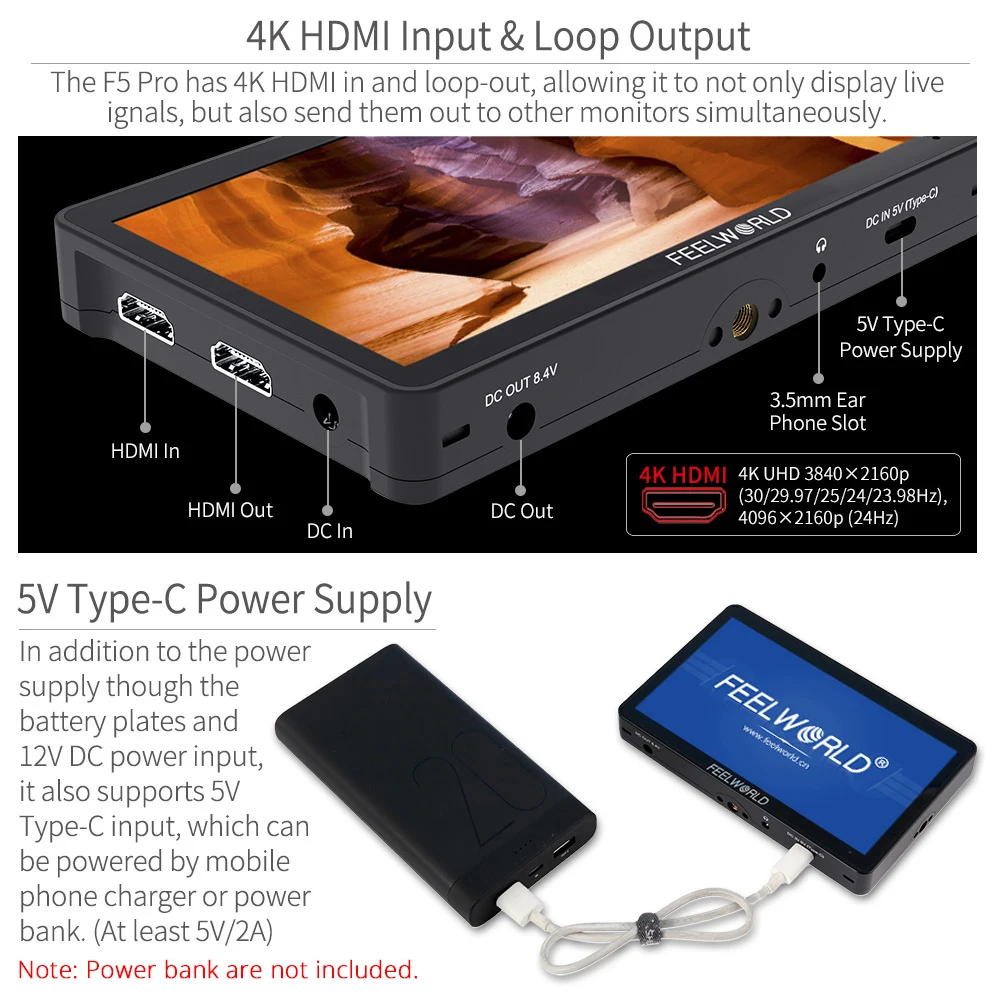 FEELWORLD F5 Pro V4 6 Inch Touch Screen Portable Monitor Camere DSLR 3D LUT Full HD 1920x1080 4K HDMI In Out F970 External Kit