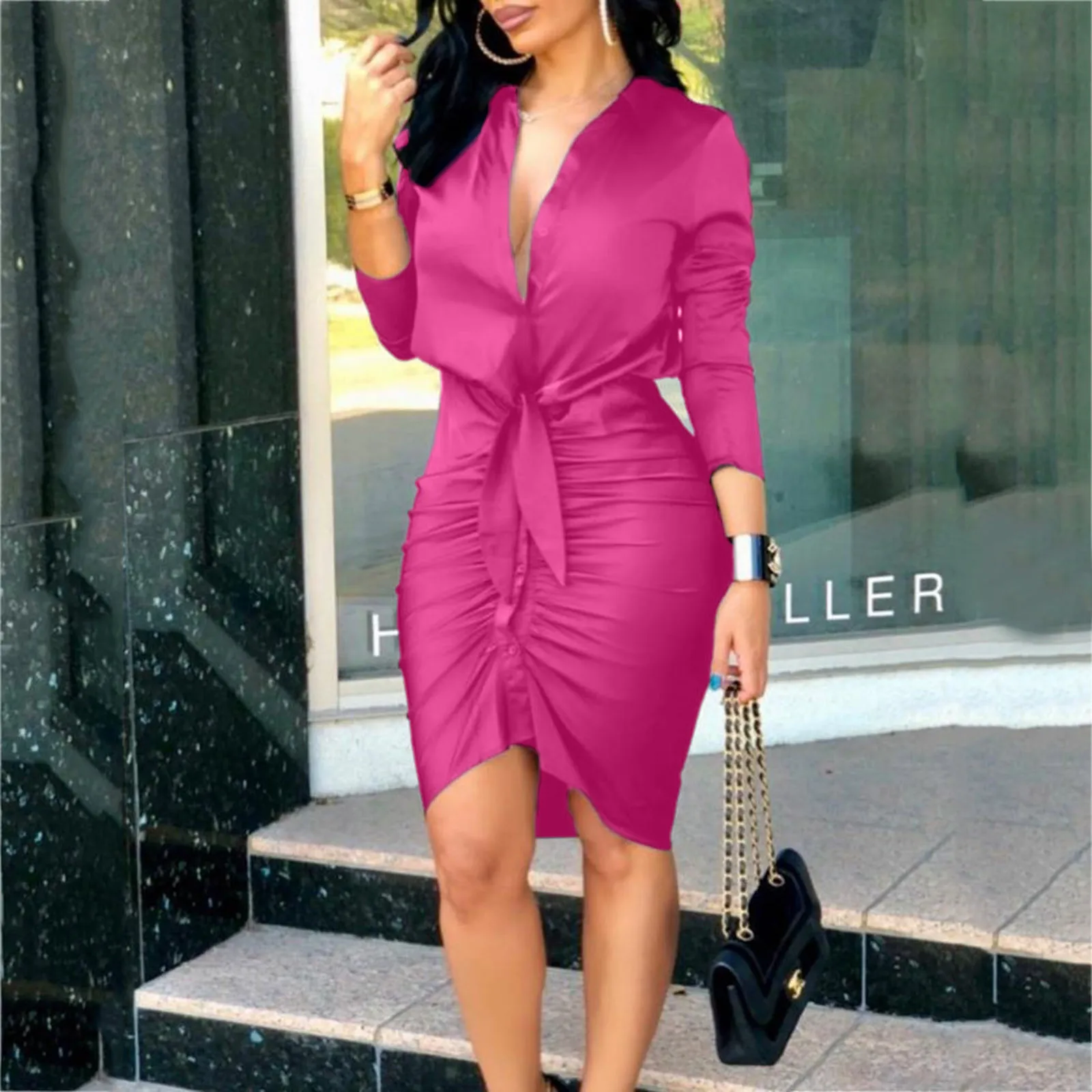 

Long Sleeve Elegant Skinny Office Lady Mini Dress For Women Sexy Deep V-Neck Black Package Hip Bodycon Dresses Casual Robe 2024