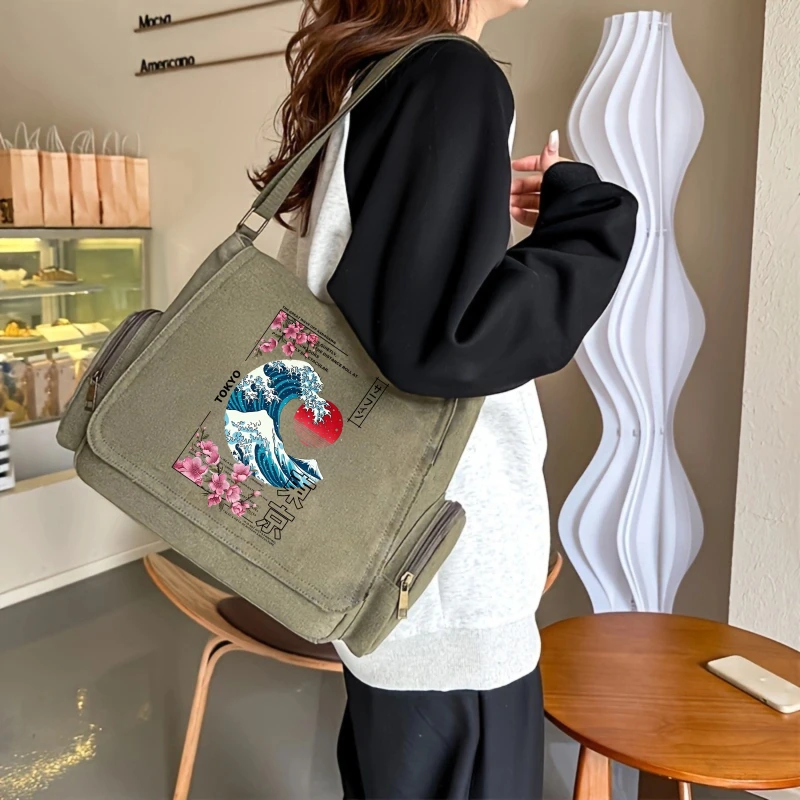 Japanese Style Shoulder Bag For Women Large Capacity Canvas Crossbody Bag With Sakura Print Students Book Bag Messenger Bag