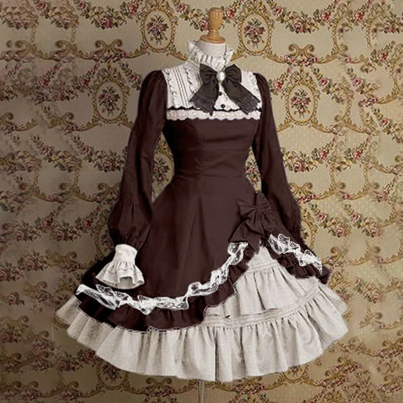 

Japanese Style Women Gothic Cosplay Dresses High Waist Contrast-Color Ruffled Sweet Lolita Dress Kawaii Clothing