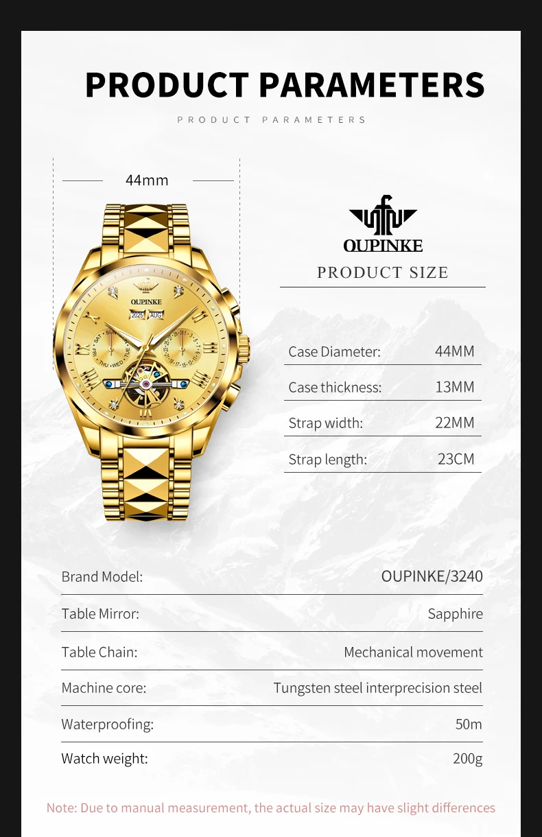 OUPINKE 3240 Automatic Watches For Men 44mm Big Dial 5Bar Waterproof Man Wristwatch Luxury Skeleton Flywheel Mechanical Watches