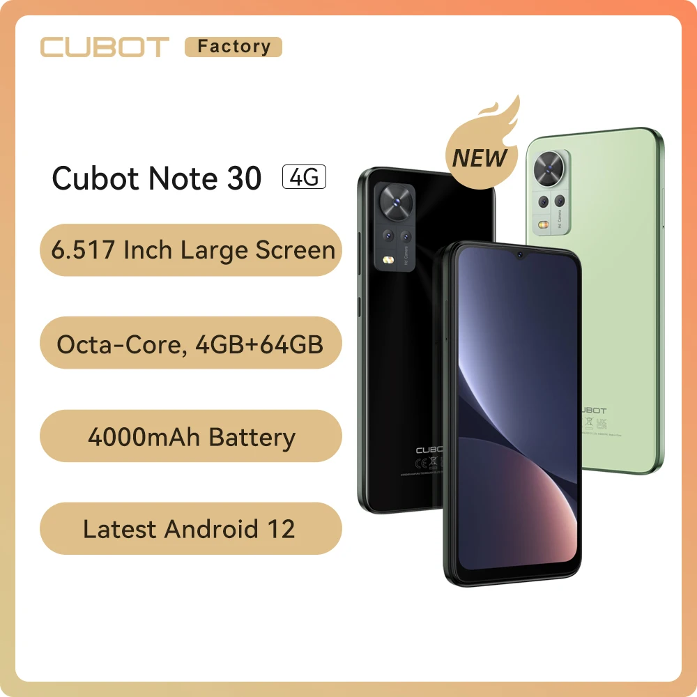 

Cubot Note 30 Smartphone 6.517" HD+ Screen Android 12 MT6765 Octa Core 4GB+64GB(256GB Extended) 4000mAh Dual SIM Mobile Phones