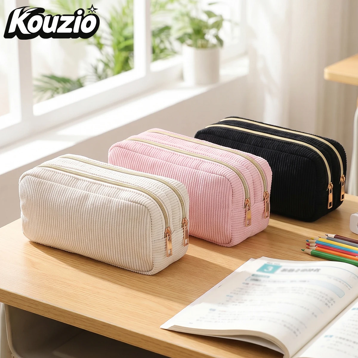 Aesthetic Solid Color Corduroy Pencil Case - Double Zipper Large Capacity Stationery Organizer
