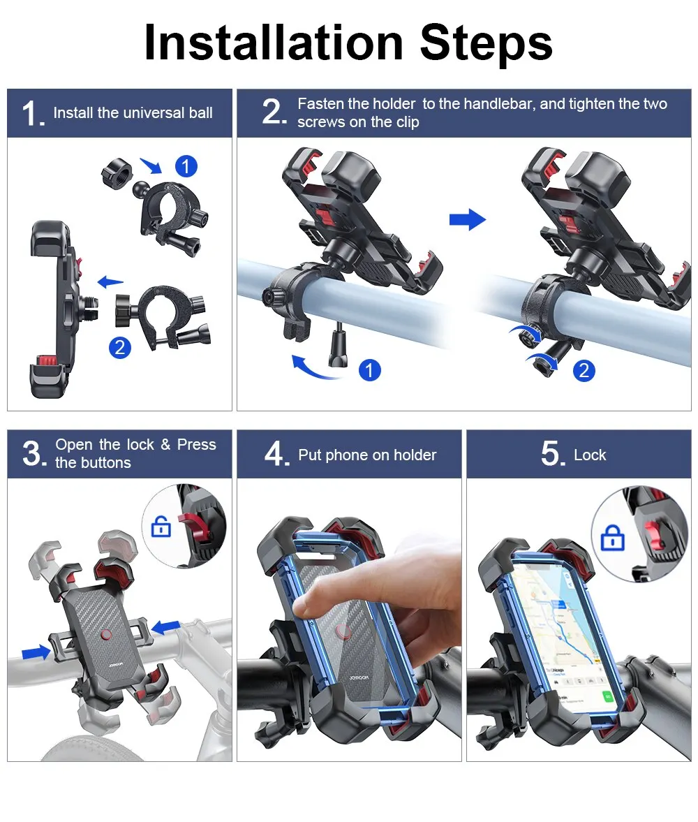 Joyroom suporte de telefone para bicicleta, visão 360 °, suporte universal para telefone de bicicleta para 4-5 espaços, suporte à prova de choque, clipe gps