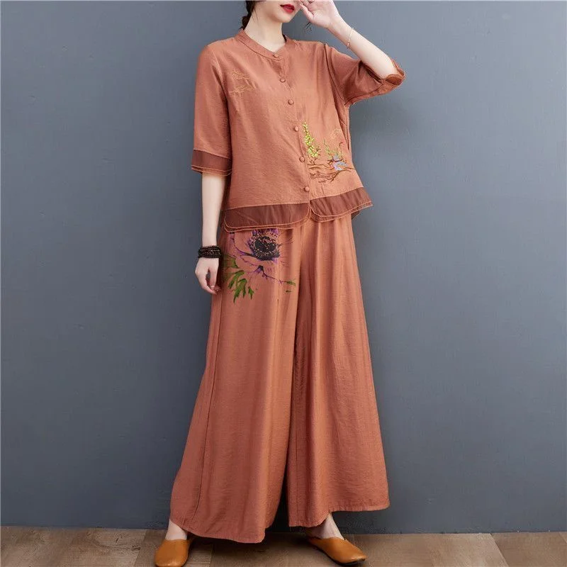Spring Summer Women Leisure Large Size 5XL 2PCS Middle Aged Mother Mother Cotton Linen Suit 2025 Female Embroidery Two-piece Set