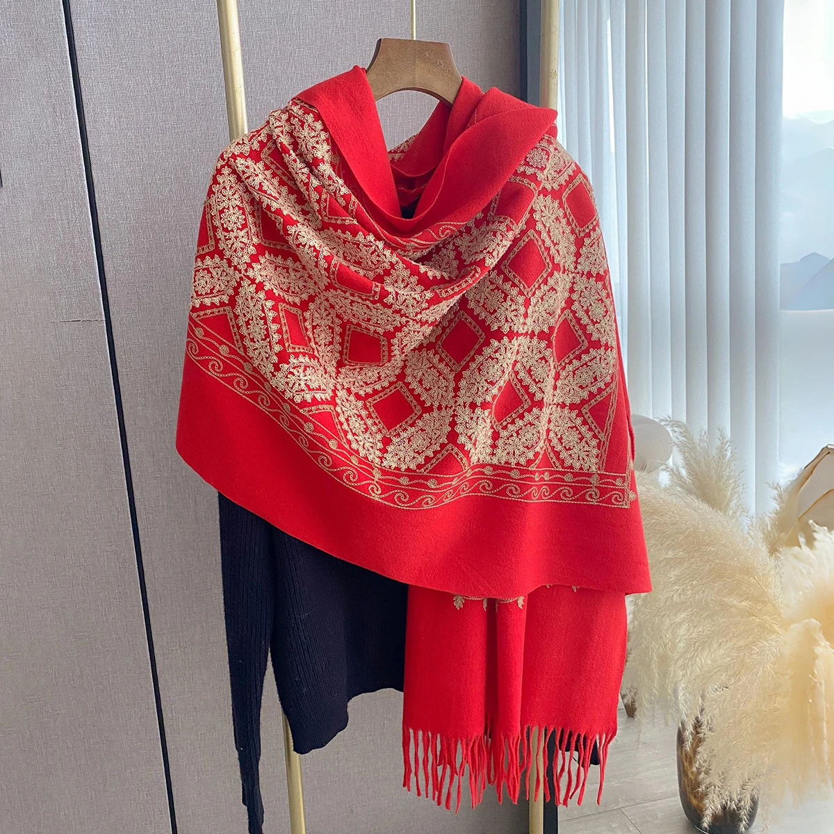 2025 Autumn Winter Warm Scarf Women Luxury Embroider Flower Bufanda Big Size Scarves Imitation Cashmere Poncho Female Pashmina