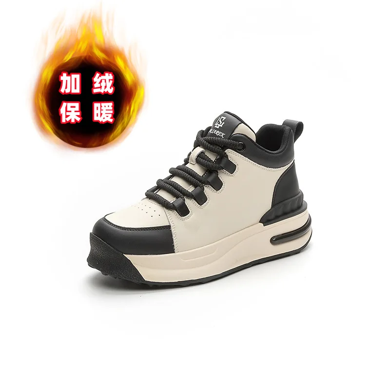 High top small white shoes for women in autumn 2023, new leather lace up casual shoes with thick soles and high  board shoes