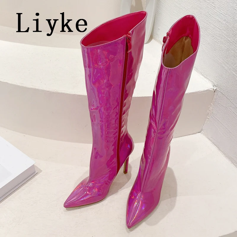 Liyke 섹시한 파티 나이트클럽 스트리퍼 무릎 높이 부츠, 부드러운 페이턴트 가죽, 포인티드 토 힐, 지퍼 부츠, 녹색
