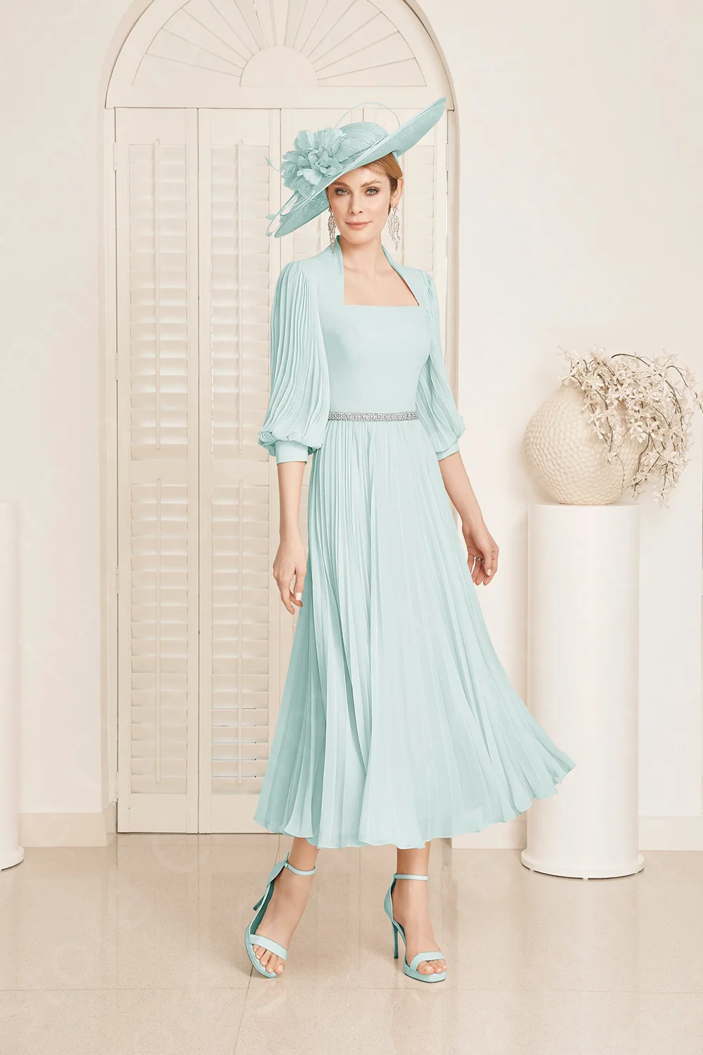 Blush Pink Mother of the Bride Dresses Mid Calf Length Mother Gown 3/4 Sleeves Wedding Party Dress Beaded Belt