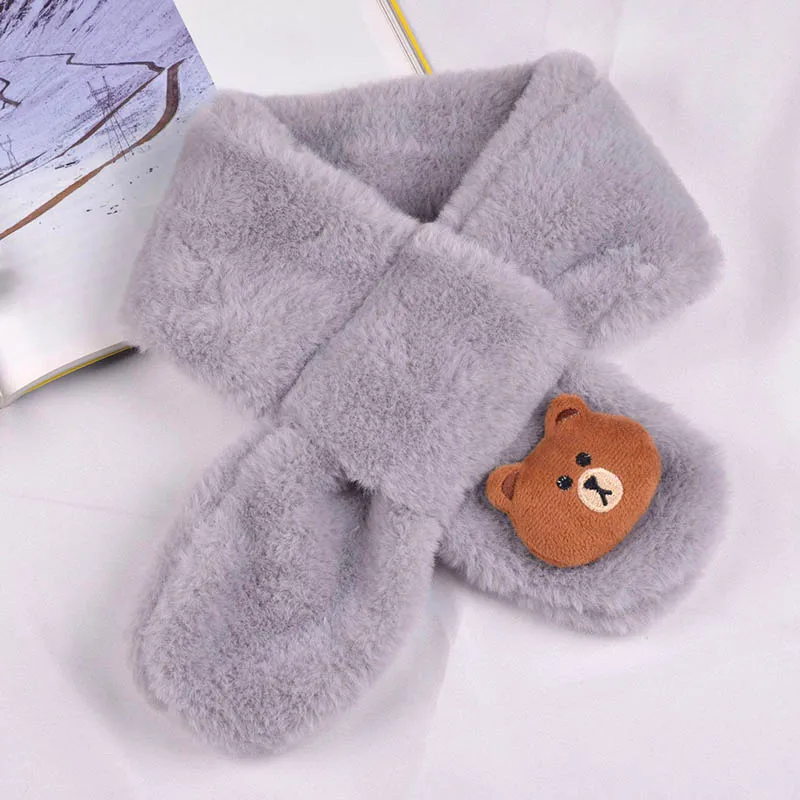 Winter Push Baby Scarf Cute Rabbit Bear Doll Scarves for Boy Girl Warm Soft Faux Fur Kids Cross Neckerchief baby scarf wool scarf rabbit fur scarf