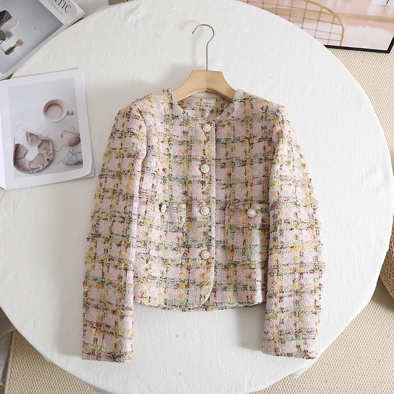 

Women 2024 Spring Outfit New Round Neck Fashion Coat Colorful Thick Tweed Fragrant Jackets