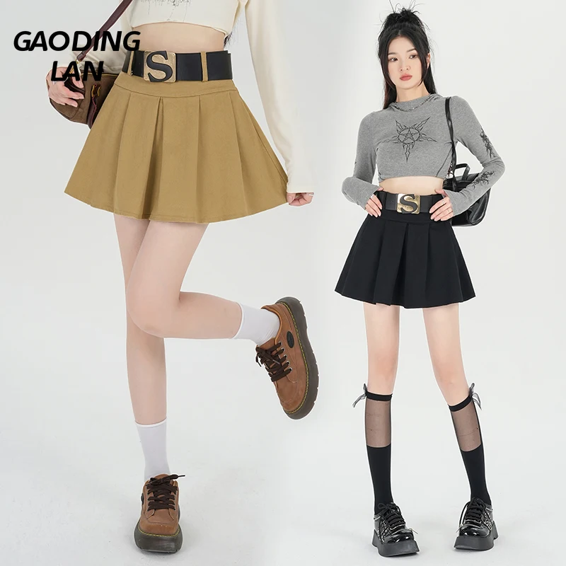 

GAODINGLAN Solid Prevent Expose High Waist Women Pleated Skirt Slim Fit Basic Mini Skirts Female Advanced Summer Skirt Preppy