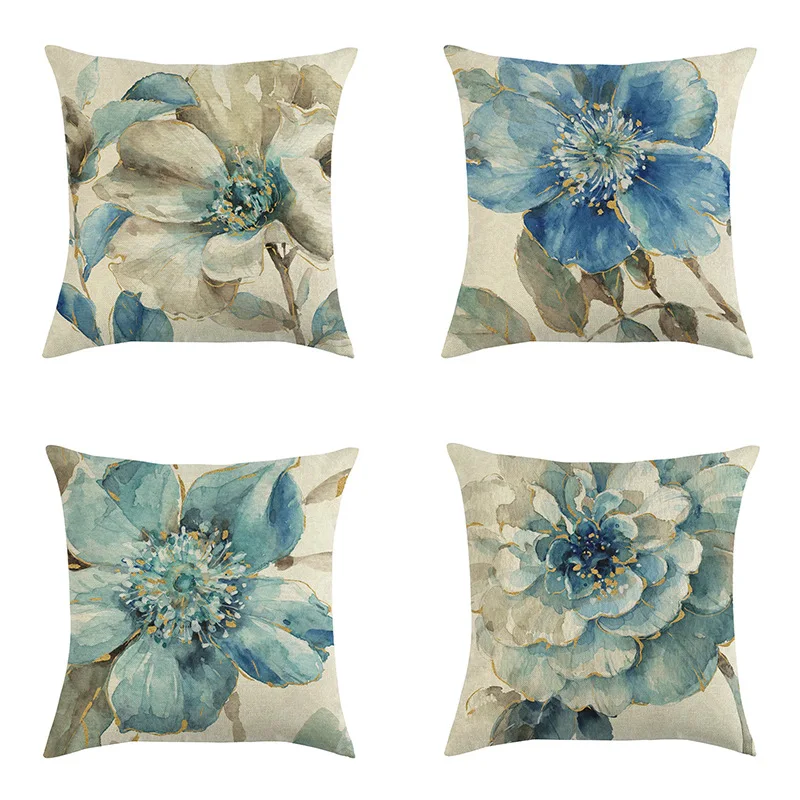

Indigold Watercolor Flower Pillows Blue Bird Floral Cushion 60x60cm LInen Pillowcase Decoration Salon Cushion Customized