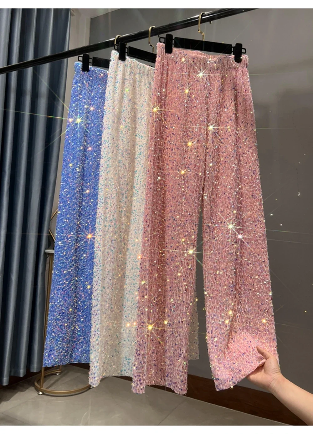 2024 Autumn/Winter New Thickened Suede Sequins Straight Tube Wide Leg Extended Women's Pants