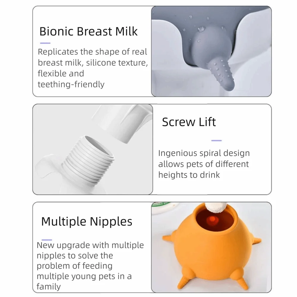 Food Grade Kittens Bubble Milk Bowl with 5 Nipples 240ml Automatic Feeding Device Milk Feeding Tool Pacifiers Pet Sucker Feeder
