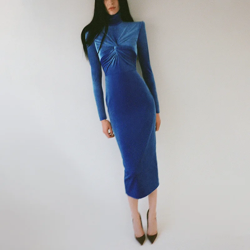 

2022 Autumn And Winter New Women's Velvet Long Sleeve High Neck Elastic Fashion Dress