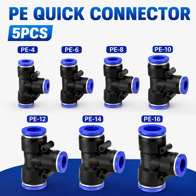 5PCS PE Pneumatic Tee Fitting - Plastic Push in Air Connector Tube Quick Release Hose Pipe Adapter for 4mm 6mm 8mm 10mm 12mm 1