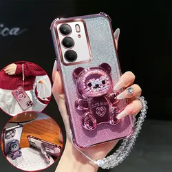 Shockproof Phone Case with Cute Bear Stand and Crystal Chain Lanyard - Glitter Design - Realme V60 Pro (Pink)