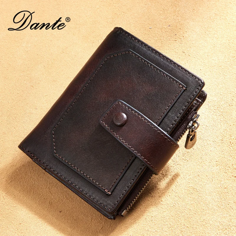 Men's Genuine Leather Zipper Short Wallet Retro Style RFID Blocking Cowhide Wallet