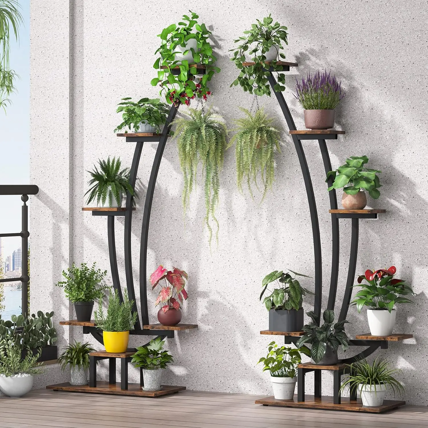 6-Tier Indoor Plant Stand Pack of 2, Metal Curved Display Shelf w/ 2 Hanging Hooks, Multi-Purpose Bonsai Flower Pots Plant Rack