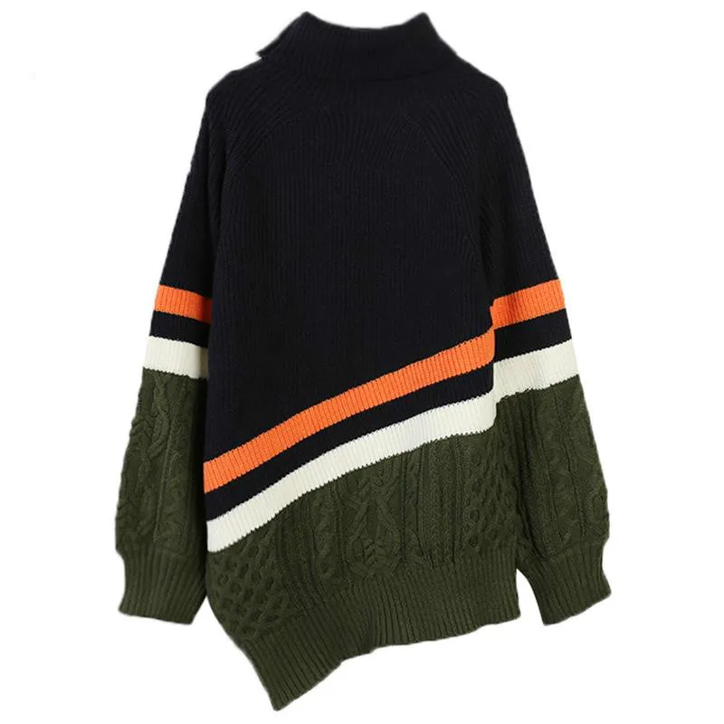 

2024 Winter Women's Turtleneck Diagonal Shoulder Zipper Pullover Sweater Irregular Lantern Sleeve Women's Striped Long Top