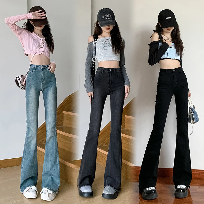 XS-XXL Women Flared Jeans Loose Denim Pants Double Button High Waist Stretch Flare Trousers Elastic Boyfriend Style Bell-bottoms