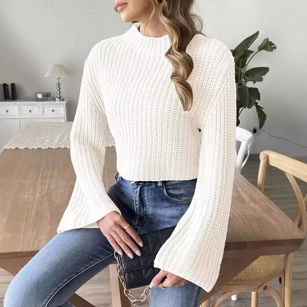 Women Knitted Sweaters Long Sleeve Cropped Slim Knitwear