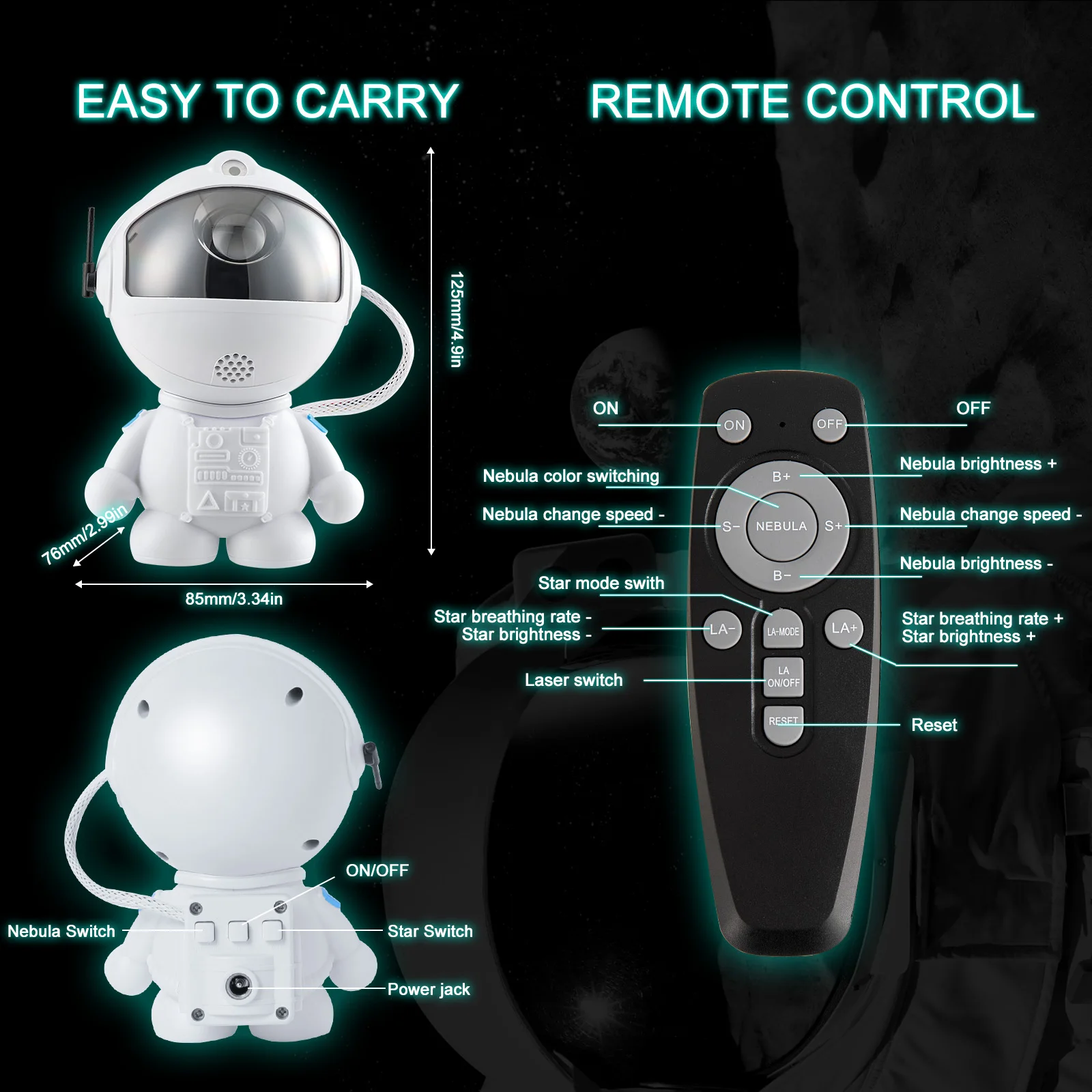 타이머와 360도 회전 기능이 있는 우주 은하계 야간 조명 프로젝터 ° 회전하는 자석 헤드 우주비행사 테마 어린이용 수면등