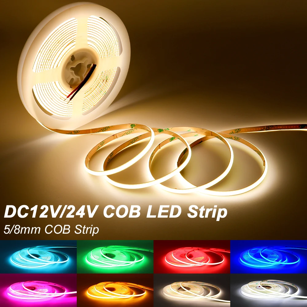 LED Strip Lights 12V COB LED Strip LED Ribbon Tape Light Warm White/Red/Green/Yellow/Pink/Ice Blue LED Strip For Home Lighting