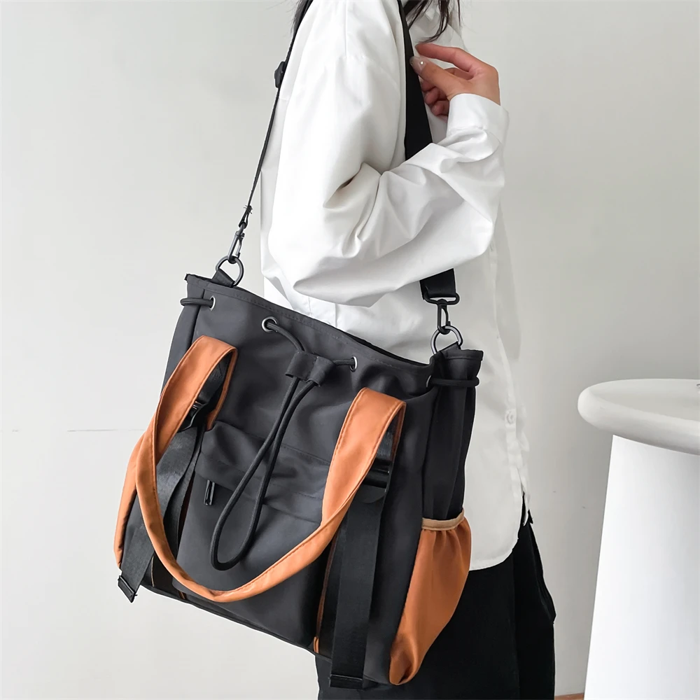 Splash-proof Nylon Fabric Shoulder Crossbody Bags For Women Multi-pocket Drawstring Tote Bag Large Capacity Student Book Handbag