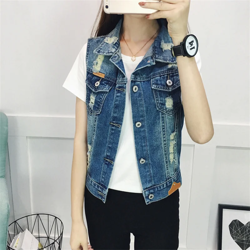 2022 New Spring Autumn Denim Vest Women Clothes Vintage Hole Sleeveless Jean Waistcoat Short Jacket Female Outerwear