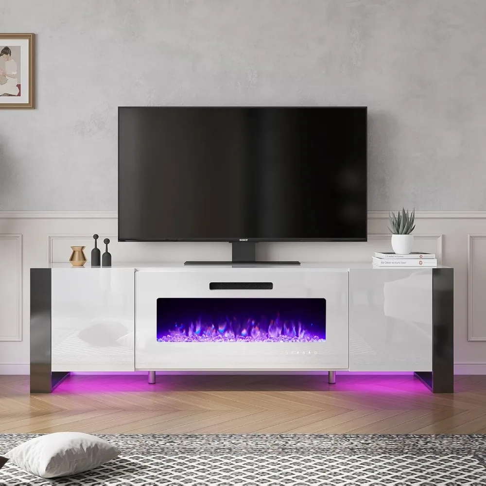 Description Picture 2 of itemFireplace TV Stand, Mirrored Finish Media Console with 36" Electric Fireplace, Modern LED Lights Storage Entertainment Center