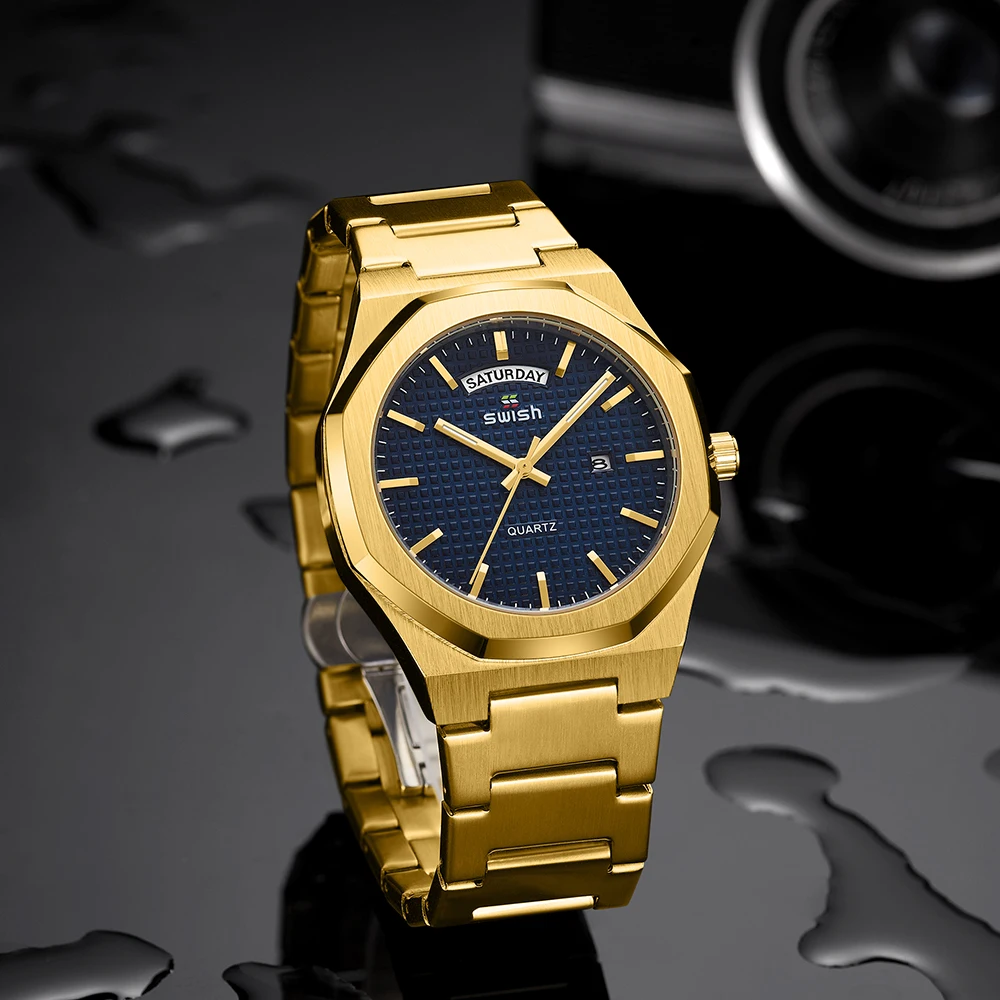 Top Brand Luxury Watch for Men Waterproof Square Wristwatch Relogio Masculino Weekday Date Blue Face Full Steel Japan Quartz