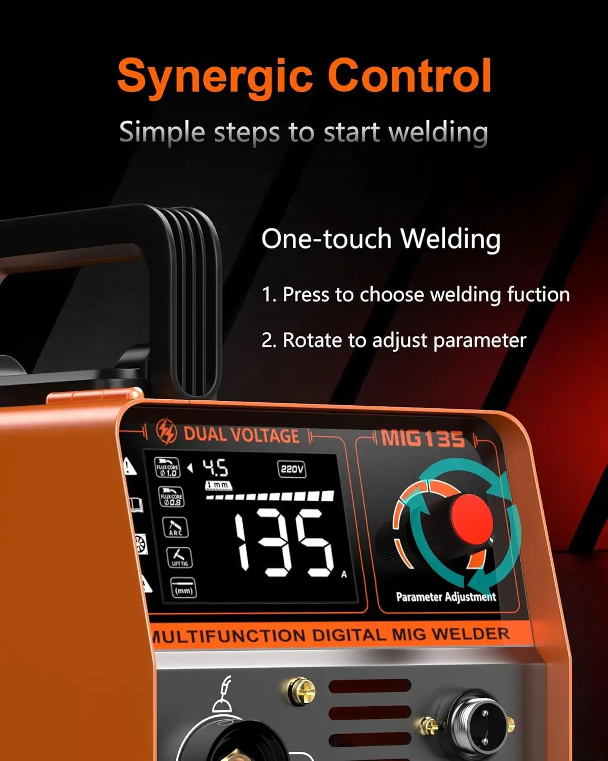 135A Flux Core MIG Welder 110V 3-IN-1 MIG/ARC/Lift TIG Welding Machine IGBT DC Inverter Gasless Welder Synergy Welding Machine