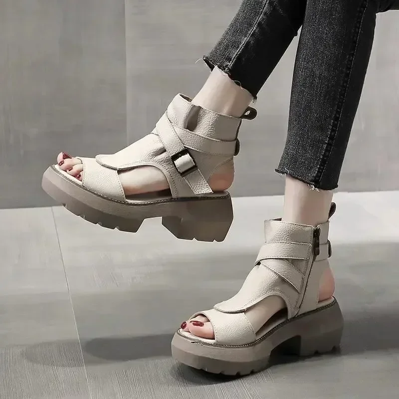 2025 New Summer Shoes Women Sandals Retro Genuine Leather Wedges - Main Image