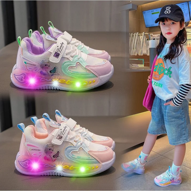 Girls' Shoes Spring and Autumn Luminous Girl Mesh Breathable Children's Sports Waterproof Light Princess Kindergarten Western St