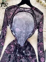 SINGREINY Serpentine Print Sexy Playsuits Female O Neck Long Sleeves Hollow Out Sheer Bodysuits Fashion Backless Short Jumpsuits - Image 5