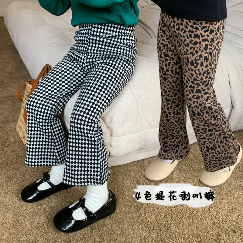 

New 2023 Kids Girl Flared Pant Baby Elastic Waist Leopard Dot Print Trouser Casual Spring Autumn Bell Bottom Clothes 2-8Y