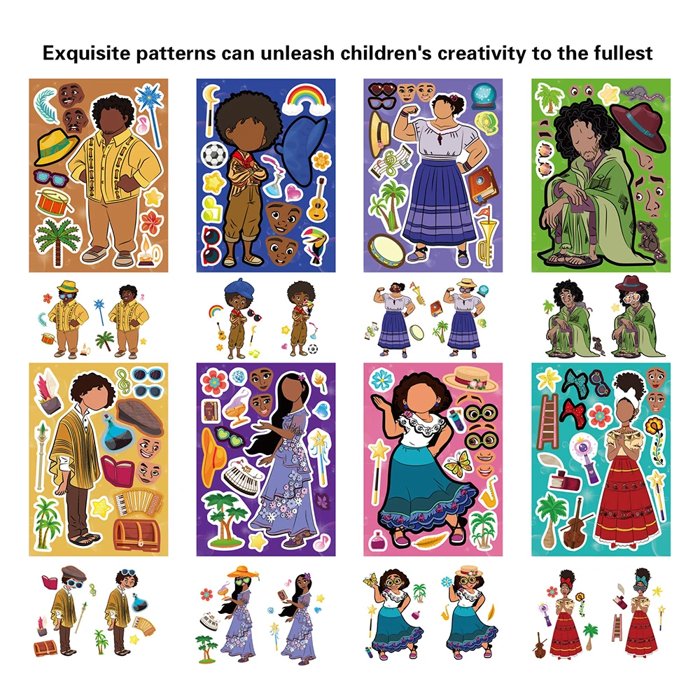 8/16sheets Cute Anime Disney Encanto Make A Face Puzzle Stickers Children Jigsaw Education Sticker for Kawaii Kids Birthday Gift