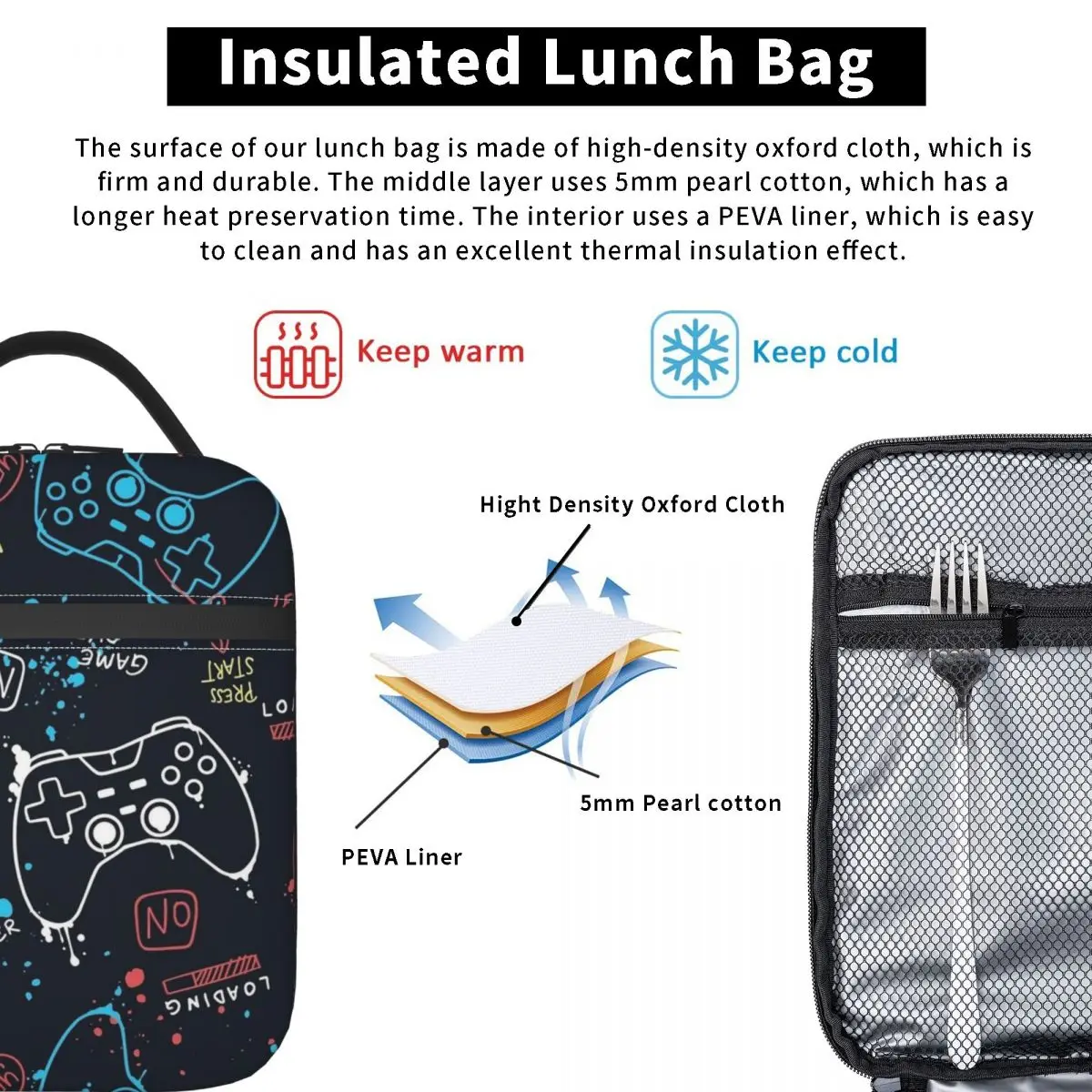 Video Game Controller Pattern Merch Insulated Lunch Bag For Outdoor Food Storage Bag Portable Cooler Thermal Lunch Boxes