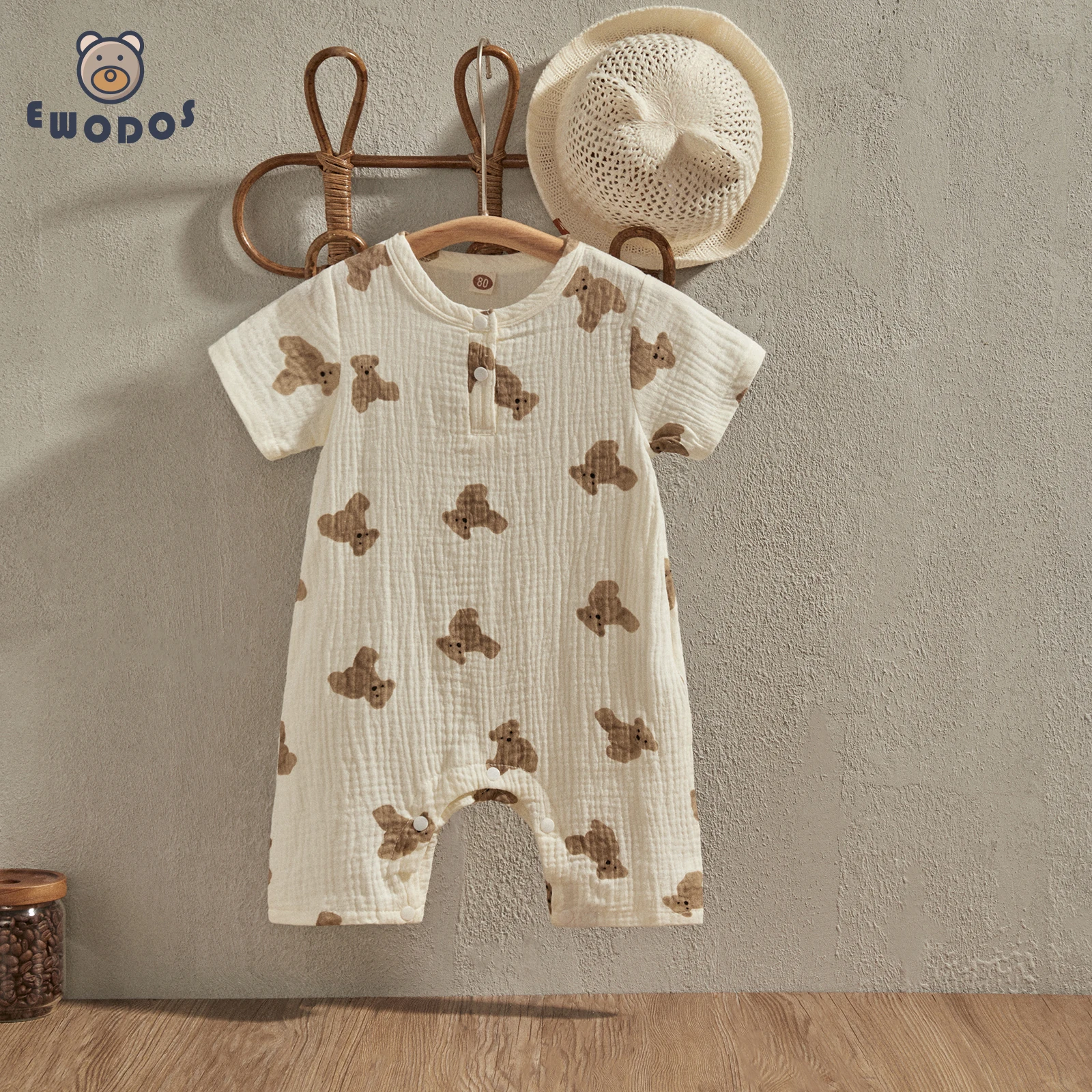 

EWODOS 0-18 Months Baby Boy Girls Summer Jumpsuit Rompers Casual Bear Print Round Neck Short Sleeve Romper for Toddler Newborn