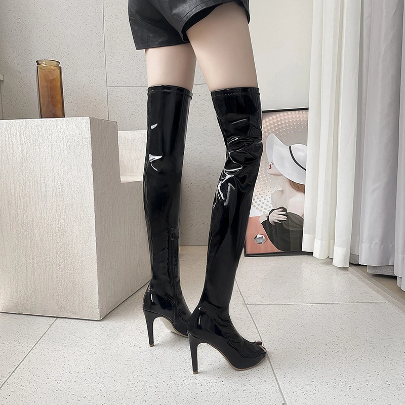 여성용 섹시한 피쉬 마우스 하이힐, 롱 부츠, 블랙 에나멜 가죽 부츠, 용수철, 여름, 가을, 유럽 및 미국 패션
