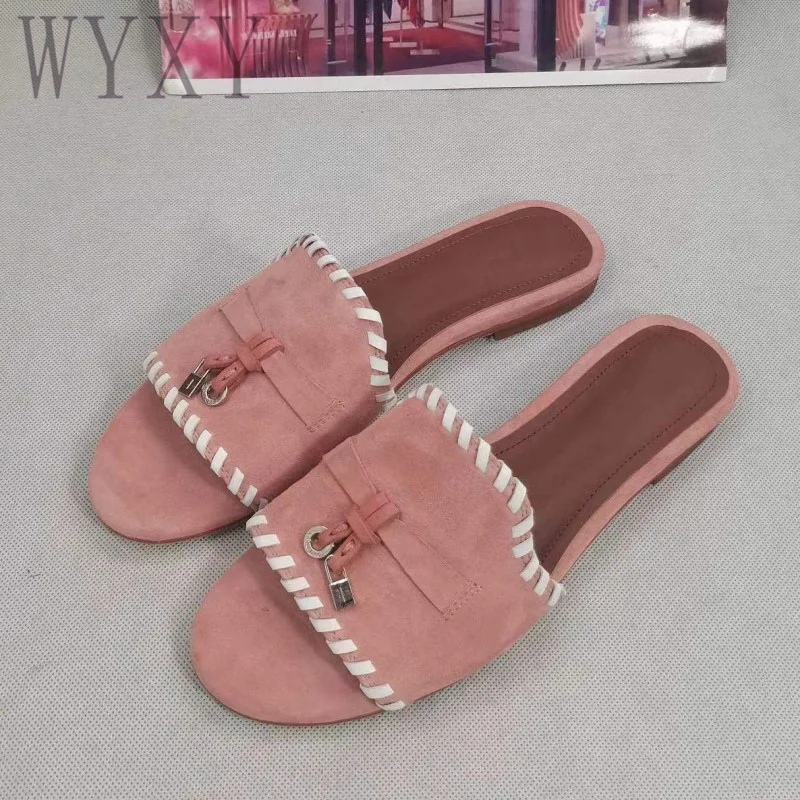 

Summer New Outside Modern Slipeprs Woman Fashion Lock Cow Suede Female Slides Comfort Flat Heel Open Toe Casual Shoes Women 2023