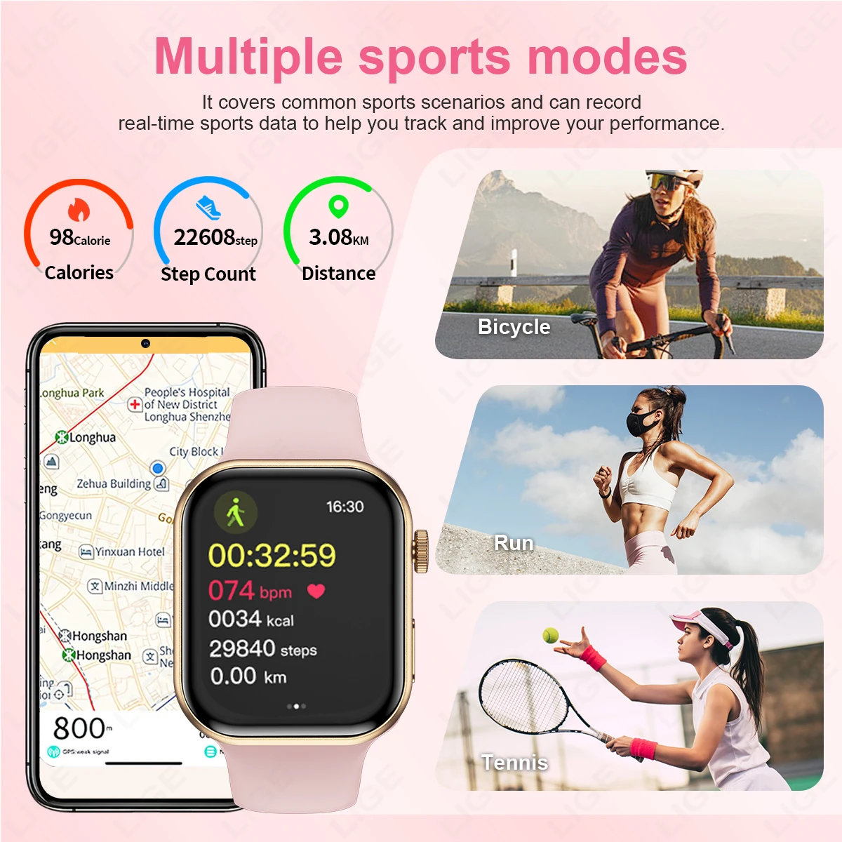 LIGE 울트라 스마트 워치 3 스트랩 남성 여성 AMOLED 심박수 블루투스 통화 스포츠 피트니스 방수 스마트워치 IOS 안드로이드용