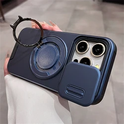 Luxury Slide Camera Lens Protection Magnetic Ring Holder Shockproof Case - Elegant and Durable Cover for iPhone 14 (Navy Blue)